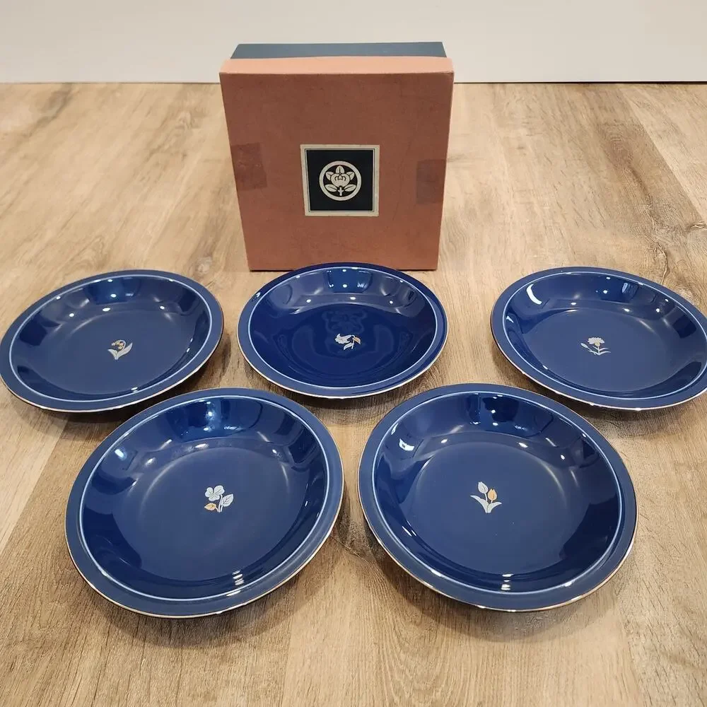 Tachikichi Cobalt Blue 5 Pc Floral Plate Set Curry Dinner Tableware Dishes W/Box